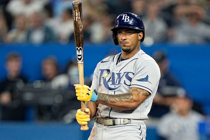 Jun 30, 2022; Toronto, Ontario, CAN; Tampa Bay Rays shortstop Wander Franco (5) looks at his bat during during the seventh inning against the Toronto Blue Jays at Rogers Centre.